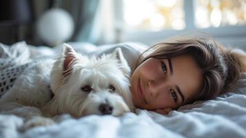 ai generiert ein Frau im Pyjama Lügen im Bett. ein Weiß Hund Lügen Nächster zu ihr foto