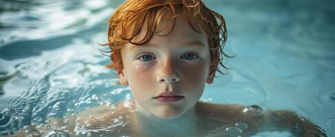 ai generiert jung Junge im das Schwimmbad suchen zu das Kamera foto