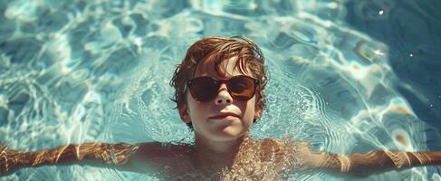 ai generiert Junge Schwimmen im ein Schwimmen Schwimmbad mit Sonnenbrille foto