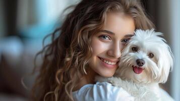 ai generiert ein schön Mädchen lächelnd hält ein schön Weiß maltesisch Hund im ihr Waffen foto