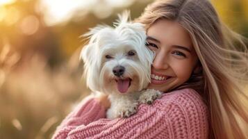 ai generiert ein schön Mädchen lächelnd hält ein schön Weiß maltesisch Hund im ihr Waffen foto