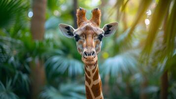 ai generiert ein schön Giraffe sieht aus beim das Kamera foto