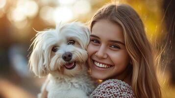 ai generiert ein schön Mädchen lächelnd hält ein schön Weiß maltesisch Hund im ihr Waffen foto