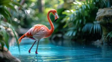 ai generiert ein schön Rosa Flamingo Spaziergänge in der Nähe von ein Blau Schwimmbad. tropisch Pflanzen um foto