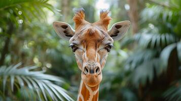 ai generiert ein schön Giraffe sieht aus beim das Kamera foto