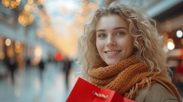 ai generiert ein schön lockig blond sieht aus beim das Kamera und lächelt mit ein rot Einkaufen Tasche im ihr Hände foto