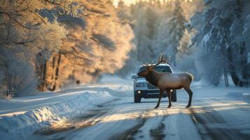 ai generiert ein Elch ist Backen das Straße richtig im Vorderseite von das Wagen. Winter foto