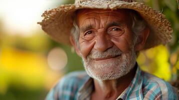 ai generiert ein alt gut aussehend Farmer lächelt und sieht aus beim das Kamera foto