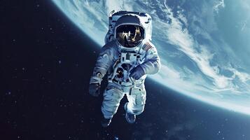 ai generiert Astronaut im Raum. Planet Erde im das Hintergrund groß Copyspace Bereich, nicht zentriert Komposition foto