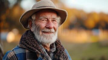 ai generiert ein alt gut aussehend Farmer lächelt und sieht aus beim das Kamera foto