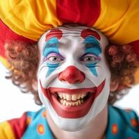 ai generiert komisch heiter Clown Gießen aus auf ein Weiß Hintergrund lächelnd und suchen beim das Kamera foto