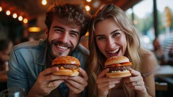 ai generiert jung schön Paar Essen Burger im ein Straßenrand Cafe foto