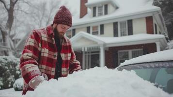 ai generiert jung gut aussehend Mann Clearing Schnee von seine Auto Nächster zu seine klassisch amerikanisch Zuhause foto