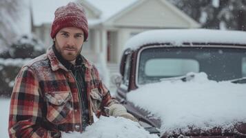 ai generiert jung gut aussehend Mann Clearing Schnee von seine Auto Nächster zu seine klassisch amerikanisch Zuhause foto