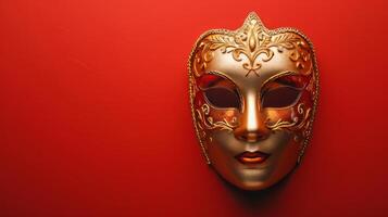 ai generiert oben Aussicht von golden Karneval Maske auf rot Hintergrund foto