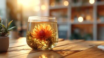 ai generiert ein breit Glas Tee Infuser mit ein schön Blühen Blume Innerhalb und Tee steht auf ein hölzern Tabelle foto