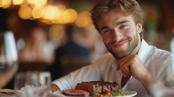 ai generiert ein jung gut aussehend Geschäftsmann ist Sitzung im ein Restaurant und Essen ein Rindfleisch Steak foto