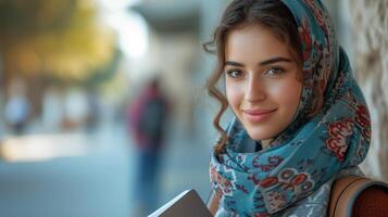 ai generiert das Bild von ein heiter arabisch weiblich Schüler halten ihr Smartphone und Arbeitsmappen Stehen draußen, während ein glücklich jung Mitte östlichen Frau Spaziergänge im das Stadt nach Klassen und sieht aus Weg foto