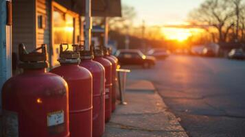 ai generiert Gas Zylinder Stand beim ein Gas Bahnhof im ein klassisch amerikanisch klein Stadt, Dorf foto