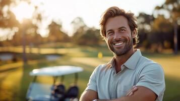 ai generiert gut aussehend männlich Athlet Golfspieler posieren und suchen lächelnd beim das Kamera foto