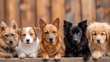 ai generiert viele anders Hunde und Katzen sitzen im ein Reihe und aussehen beim das Kamera foto