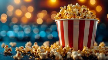 ai generiert gestreift Eimer mit Popcorn, Film Streifen auf verschwommen Kino Hintergrund mit groß Raum zum Text foto