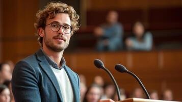 ai generiert jung gut aussehend Professor spricht von das Podium im Vorderseite von ein Publikum mit Studenten foto