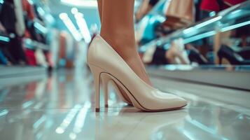 ai generiert jung schön Frau versuchen auf Sahne Stilettos im ein Schuh Geschäft foto