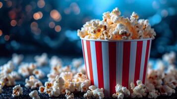 ai generiert gestreift Eimer mit Popcorn, Film Streifen auf verschwommen Kino Hintergrund mit groß Raum zum Text foto