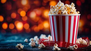 ai generiert gestreift Eimer mit Popcorn, Film Streifen auf verschwommen Kino Hintergrund mit groß Raum zum Text foto