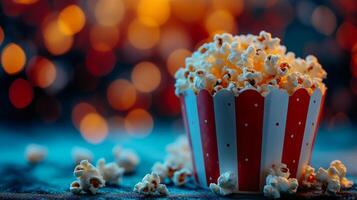 ai generiert gestreift Eimer mit Popcorn, Film Streifen auf verschwommen Kino Hintergrund mit groß Raum zum Text foto