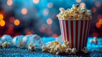 ai generiert gestreift Eimer mit Popcorn, Film Streifen auf verschwommen Kino Hintergrund mit groß Raum zum Text foto