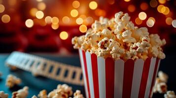 ai generiert gestreift Eimer mit Popcorn, Film Streifen auf verschwommen Kino Hintergrund mit groß Raum zum Text foto