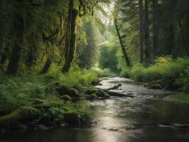 ai generiert Fluss im das Wald foto