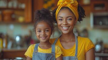 ai generiert das Leben von ein glücklich schwarz Mutter und Tochter Backen Pfannkuchen im das Küche beim heim, einschließlich Lebensstile, Familie, Mutterschaft, Kochen, Essen, und inländisch Aktivitäten. foto