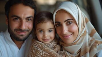 ai generiert ein Foto von glücklich Arabisch Eltern posieren mit ihr Töchter