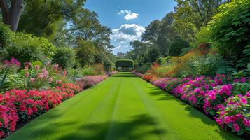 ai generiert atemberaubend Sommer Aussicht von ein schön Englisch Landschaft Garten mit ein üppig Rasen, belaubt Bäume, und bunt Blumenbeete foto