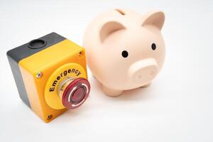Konzept von Notfall Ersparnisse Fonds. ein Schweinchen Bank und halt Taste. Geld Speichern zum Notfall Geld. foto