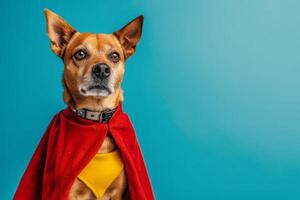 ai generiert Hund im ein Superheld Kostüm auf ein Blau Hintergrund foto