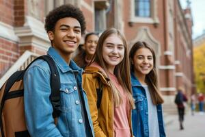 ai generiert Studenten haben Spaß zusammen draußen foto