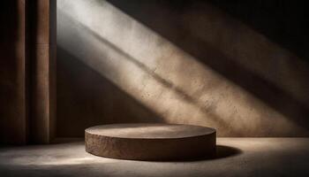 ai generiert ein minimalistisch Szene mit ein runden Stein Podium gebadet im warm natürlich Licht, Gießen dramatisch Schatten. Ideal zum Produkt Anzeige, präsentieren Kunst oder Luxus Artikel foto