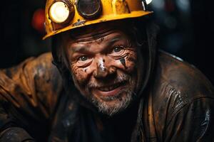 ai generiert Nahansicht Porträt von ein Bergmann im ein Mine. foto