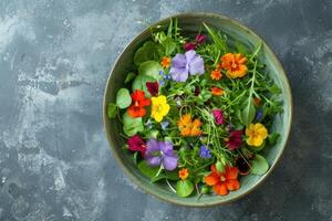 ai generiert essbar Blumen im Grün Schüssel foto