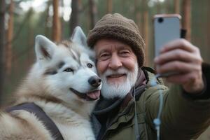 ai generiert Alten Mann mit Weiß heiser Hund im seine Waffen nehmen ein Selfie mit Handy, Mobiltelefon Telefon. foto