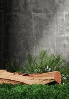 ein Log Mitte klein Pflanzen und Beton Mauer. abstrakt Hintergrund zum Produkt Präsentation. 3d Rendern foto