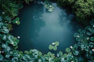 ai generiert Ruhe Wasser und heiter Landschaft gefangen im ein von oben nach unten Foto von ein Lilie Teich, präsentieren natürlich Schönheit und ein still Szene zum Öko Therapie und Achtsamkeit Entspannung Umwelt