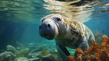 ai generiert Seekuh Weiden lassen im Seegras ein heiter unter Wasser Szene Erfassen Marine Leben und umweltfreundlich Aspekte auf Welt Seegras Tag, Meer Kuh im es ist Wasser, Seekuh und Seegras Biodiversität foto