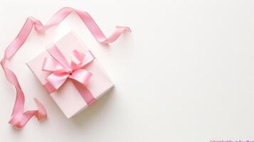 ai generiert Geschenk Box mit Rosa Band auf Sanft Weiss, ein Symbol von Liebe und Anerkennung zum Mutter Tag, fördern emotional Wohlbefinden und Pflege, ausdrücken Dankbarkeit und emotional Verbindung foto