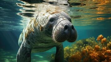 ai generiert Seekuh Weiden lassen im Seegras ein heiter unter Wasser Szene Erfassen Marine Leben und umweltfreundlich Aspekte auf Welt Seegras Tag, Meer Kuh im es ist Wasser, Seekuh und Seegras Biodiversität foto