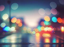 verwischen Bokeh Nacht Stadt Straße bunt. nach Regen nass Asphalt Straße Licht Farbe Betrachtung zum Hintergrund foto